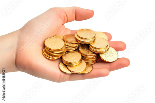 Hand holding gold coins isolated on white background PNG