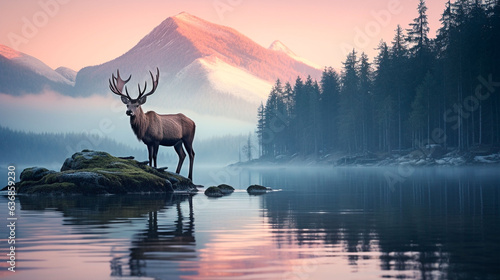 Elk standing in a lake with mountains in the background photo