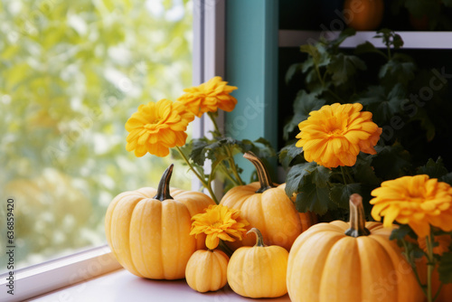 Autumn composition with ripe pumpkins and orange chrysanthemums on the windowsill