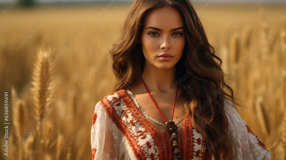 Beautiful young woman with long black hair in the field at sunset. Generative AI.