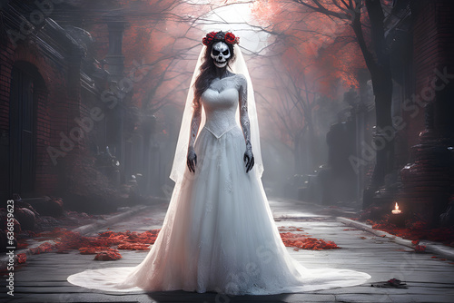 Dead bride for Halloween. Generative AI	
