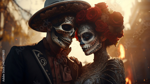 A man and a woman celebrating Day of the Dead in Mexico City. Day of the dead parade in Mexico city Halloween, Day of the dead bodypaint portrait. Calavera Catrina. Generative AI.