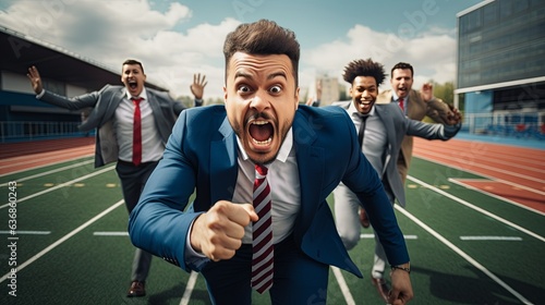 Large group of joyful entrepreneurs having fun on a sports race in the office Happy businesswoman crossing finish line during race.,ai generate photo