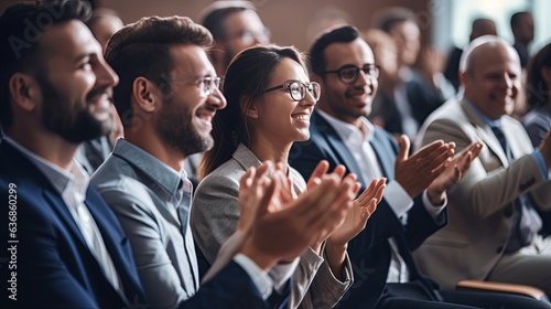 Happy colleagues applauding while sitting in conference event at convention center business people sit together in convention hall listen seminar success clapping happiness,ai generate