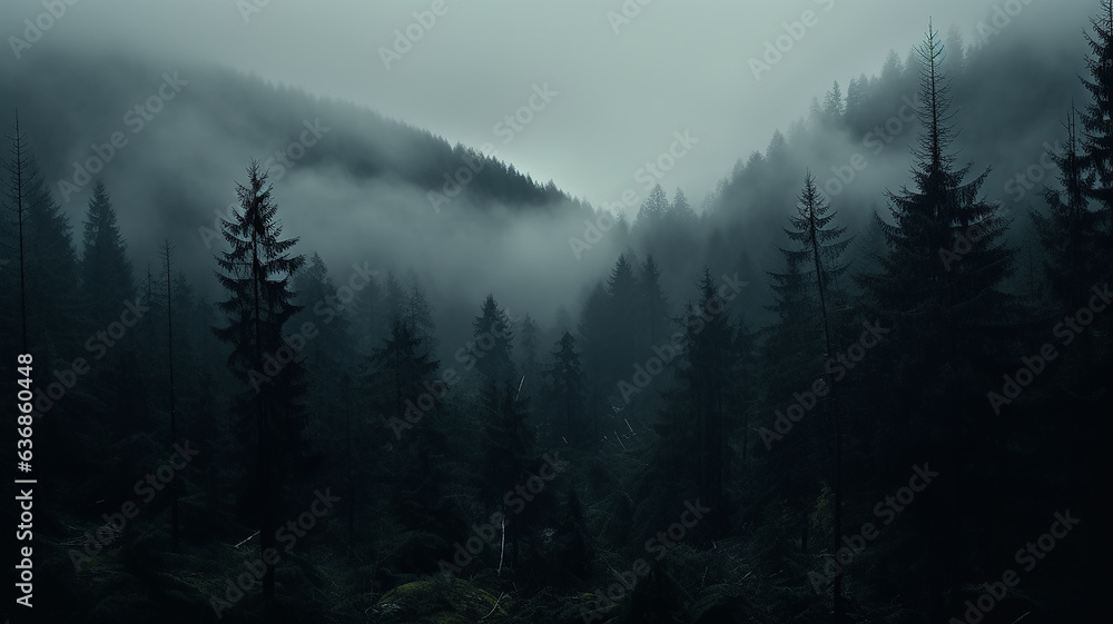 misty autumn coniferous evergreen forest in the mountains nature landscape panoramic view