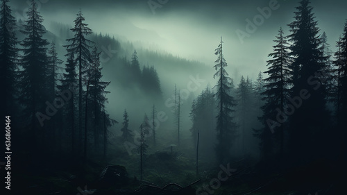 misty autumn coniferous evergreen forest in the mountains nature landscape panoramic view © kichigin19