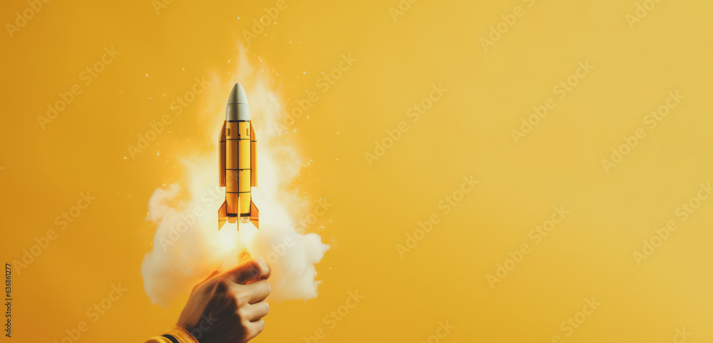 Rocket launching from hand, New Project, Start-up, Creativity, Big idea Rocket launching from hand, New Project, Start-up, Creativity, Big idea