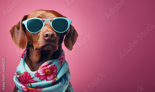 Cool looking dog wearing funky fashion skarf and blue sun glasses. Wide banner with space for text right side. Stylish animal posing as supermodel. photo