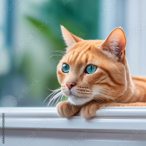 red cat with blue eyes lies on the windowsill, copy space