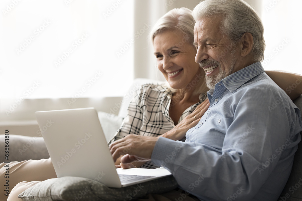 Happy elder married couple enjoying leisure, modern technology with digital gadget, resting on couch at home together, watching movie on laptop, using Internet application Happy elder married couple enjoying leisure, modern technology with digital gadget, resting on couch at home together, watching movie on laptop, using Internet application