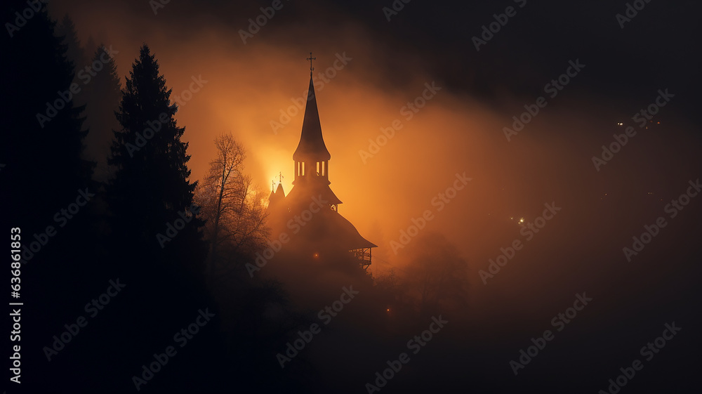 Obraz premium church in the night fog in the European mountains landscape panoramic view