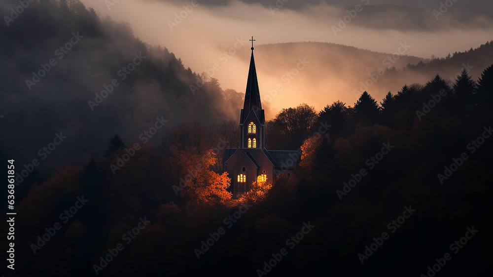 church in the night fog in the European mountains landscape panoramic view