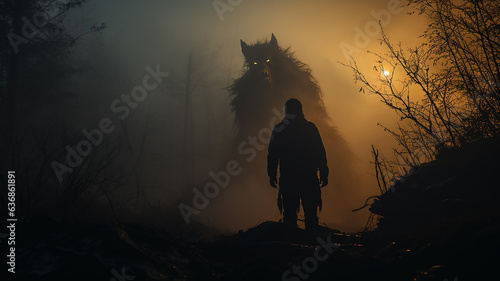 fighting fear silhouette psychology aggression stress monster concept therapy  horror in the forest werewolf