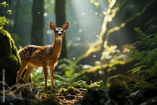 A baby deer enjoys a walk in the fresh green forest in receives natural light through the gaps. Animal concept suitable for environment and nature.
