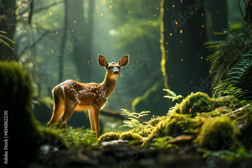 A baby deer enjoys a walk in the fresh green forest in receives natural light through the gaps. Animal concept suitable for environment and nature.