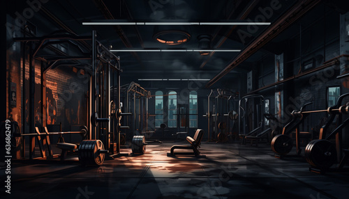 Intensity in Darkness: Workout Barbells and Machines in Gym Setting