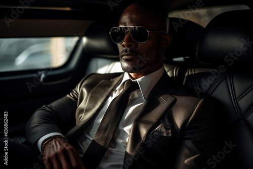 Portrait of african american successful adult businessman sitting in luxury car, rich business man in suit and glasses © Sergio