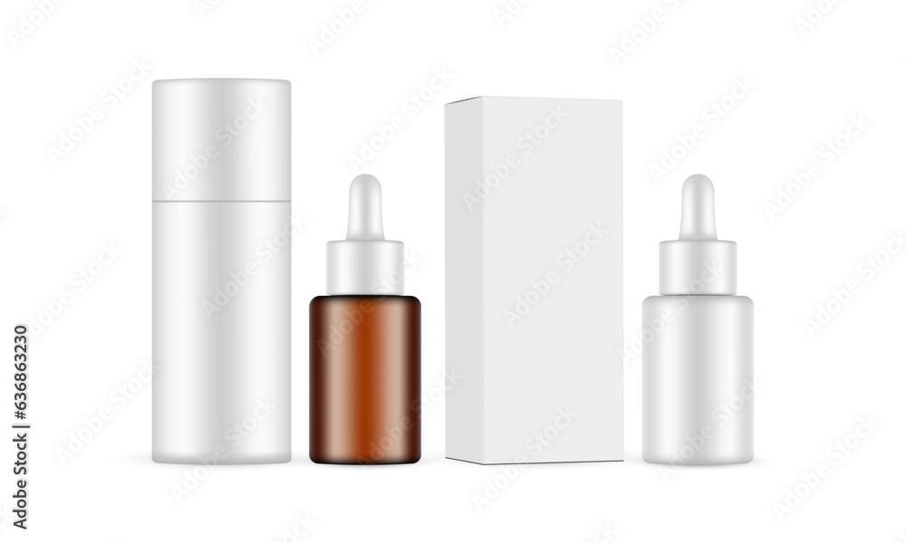 Cosmetic Packaging Dropper Bottles With Box and Paper Tube, Isolated on White Background. Vector Illustration Cosmetic Packaging Dropper Bottles With Box and Paper Tube, Isolated on White Background. Vector Illustration