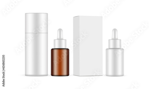Cosmetic Packaging Dropper Bottles With Box and Paper Tube, Isolated on White Background. Vector Illustration