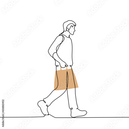 man carries craft package with care or haste - one line art vector. the concept of hurry, carry the fragile