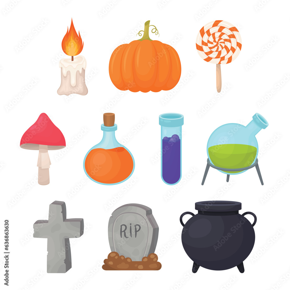 Flask with a potion and Candle, Pumpkin, Lollipop with Magic Mushroom, Cauldron and Headstone. Huge collection of Halloween elements. Flask with a potion and Candle, Pumpkin, Lollipop with Magic Mushroom, Cauldron and Headstone. Huge collection of Halloween elements.