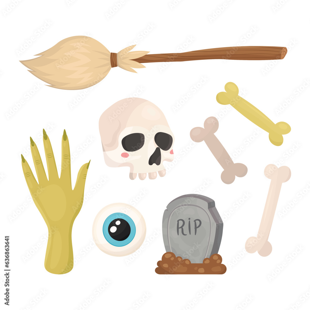 Broomstick and human skull, bones with witch or zombie hand and eyeball, tombstone with the inscription RIP Broomstick and human skull, bones with witch or zombie hand and eyeball, tombstone with the inscription RIP