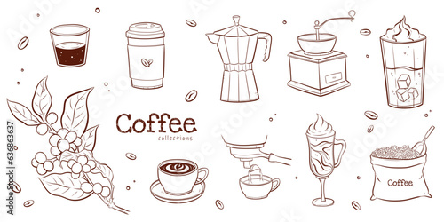 Coffee element hand drawn vector illustrations line art collection.