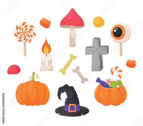 Sweets such as candies and caramels, eyeball lollipop, candle with stone cross, pumpkin and witch hat and bones