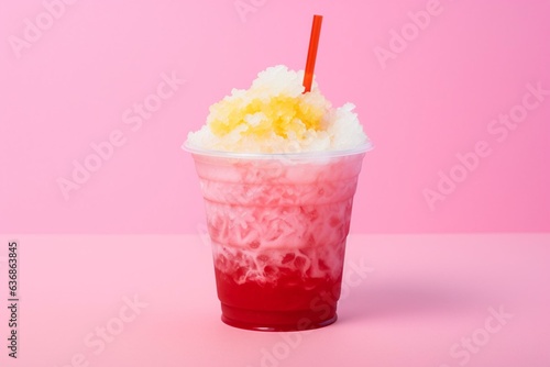 Fruity shaved ice in disposable cup, on a pink background. Refresing slushie for summer takeout. Generative AI photo