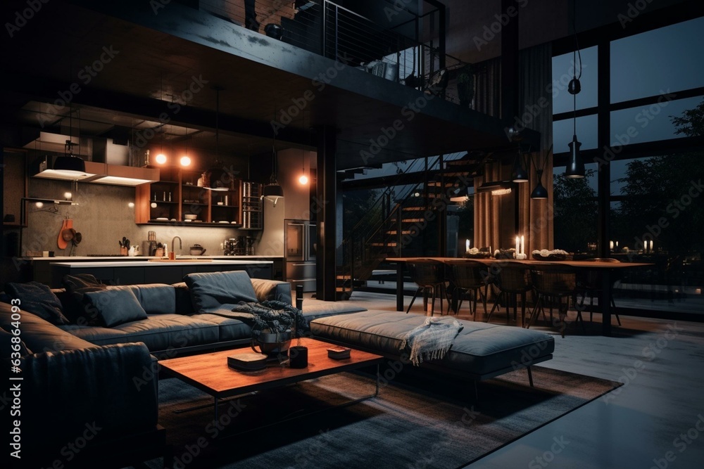 Modern space with subdued lighting and industrial design. Generative AI