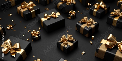Black Gift Boxes with Gold Ribbon on Black Studio Background © Resdika