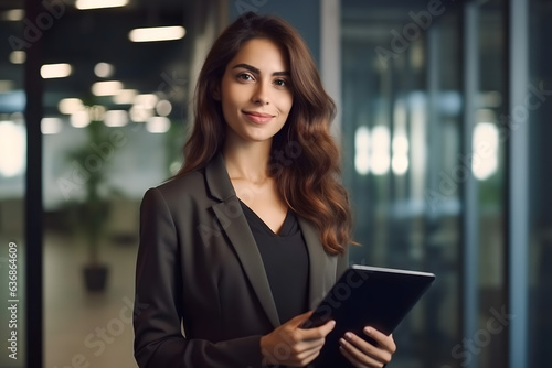 businesswoman using tablet computer in modern office interior