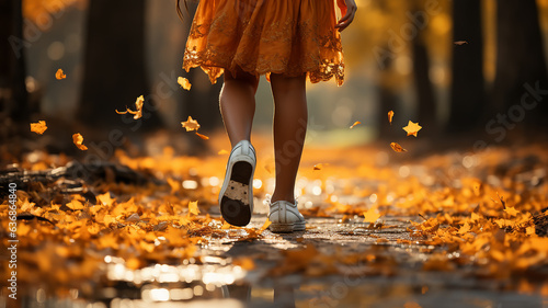 girl child close-up legs, running along the path in the autumn park, leaf fall leaves fly around