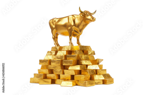Wealth Concept. Golden Cow or Calf over Stack of Golden Bars on a white background. Generative AI photo