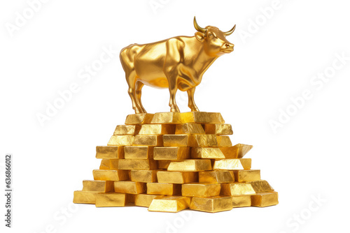 Wealth Concept. Golden Cow or Calf over Stack of Golden Bars on a white background. Generative AI