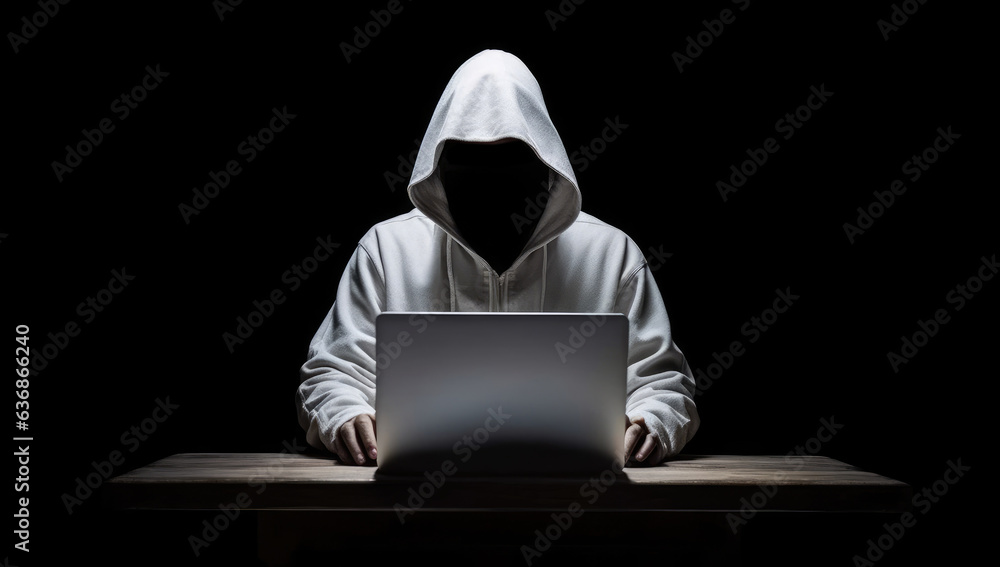 Anonymous Hacker in Hoodie Using Computer Laptop for Organizing Massive Cyber Attack extreme closeup. Generative AI Anonymous Hacker in Hoodie Using Computer Laptop for Organizing Massive Cyber Attack extreme closeup. Generative AI
