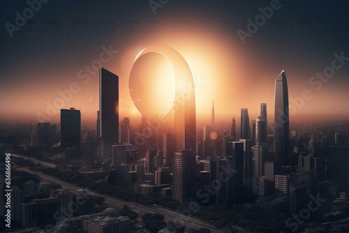 Modern city with skyscrapers during an eclipse. Generative AI