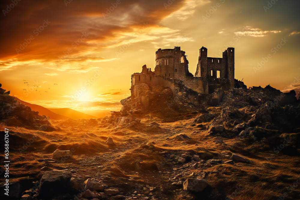 Ruined ancient castle in sunset, on the top of the hill, with sun behind