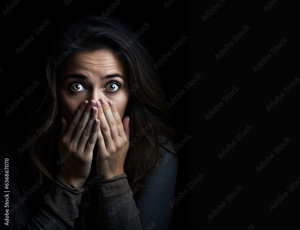 Woman covering her mouth with both hands and looking in shock, surprised or in dis belief. Woman covering her mouth with both hands and looking in shock, surprised or in dis belief.