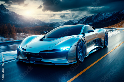 A blue futuristic sports car speeding down a curved road on the mountains