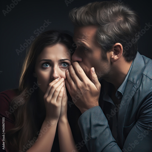 Man whispering a secret to a woman, she looks shocked or in disbelief. Concept of whispering and sharing secrets.
