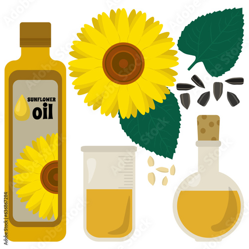 Set of sunflower oil in various utensils and flowers, sunflower seeds, plant elements and derivatives