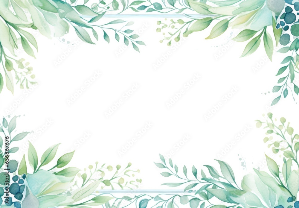 green leaves and flowers in watercolor background