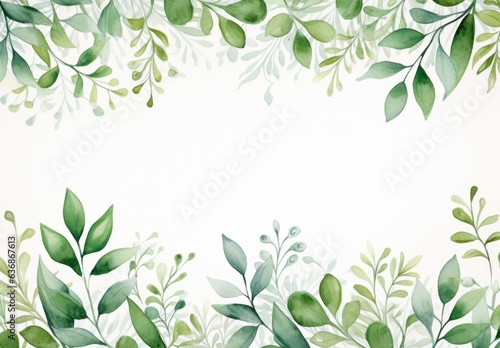 green leaves and flowers in watercolor background