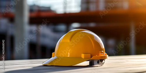 Close up construction helmet or hardhat placed on the ground of construction site. Hard safety wear helmet hat on desks at construction site