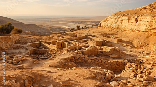 Old-fashioned settlement in a hot, deserted area, showcasing the decaying, eroded remains of an ancient civilization's architectural heritage photo