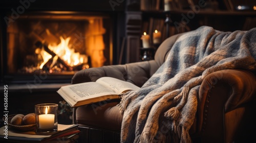 cozy fireplace scene with warm blanket and book on nearby chair