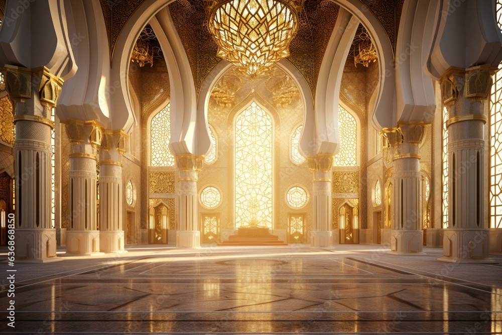 Interior design of a grand mosque with opulent golden decor. Generative AI