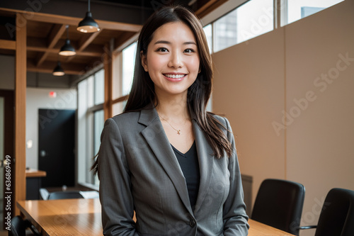 Japanese business woman standing smiling at her company,
career woman,
office lady,