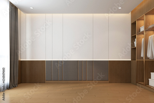Fototapeta Naklejka Na Ścianę i Meble -  Modern minimalist style empty room decorated with wood slat wall and upholstered wall panels, white wall paint and wood wardrobe. 3d rendering